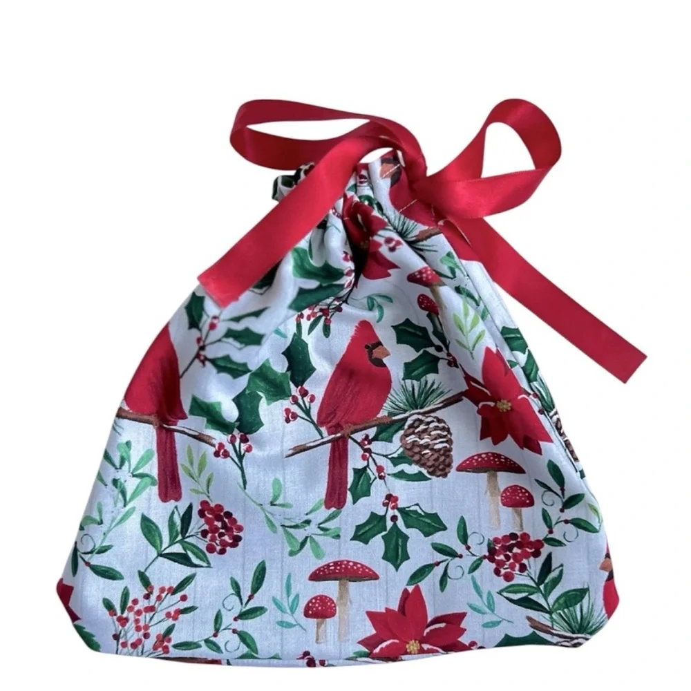 Hand Crafted Red Cardinals Holiday Festive Reusable Fabric Gift Bag